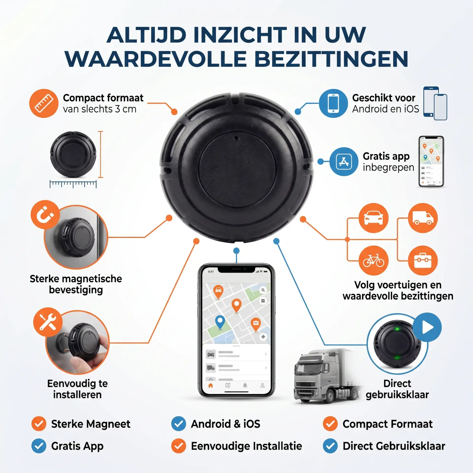 Magnetische GPS tracker zonder abonnement met Android en iOS